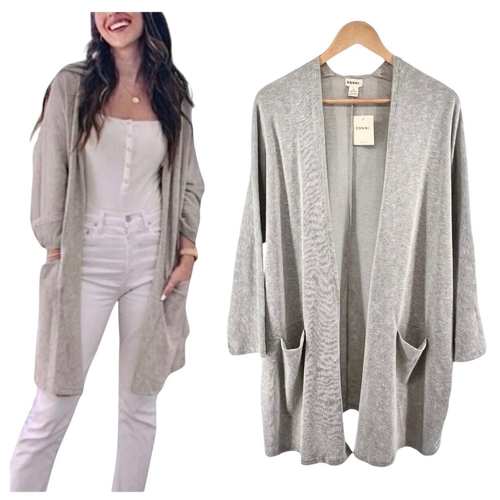 DONNI. Anthropologie NWT Womens Sandwash Cardigan OSFM Ribbed Sweater Coat Gray